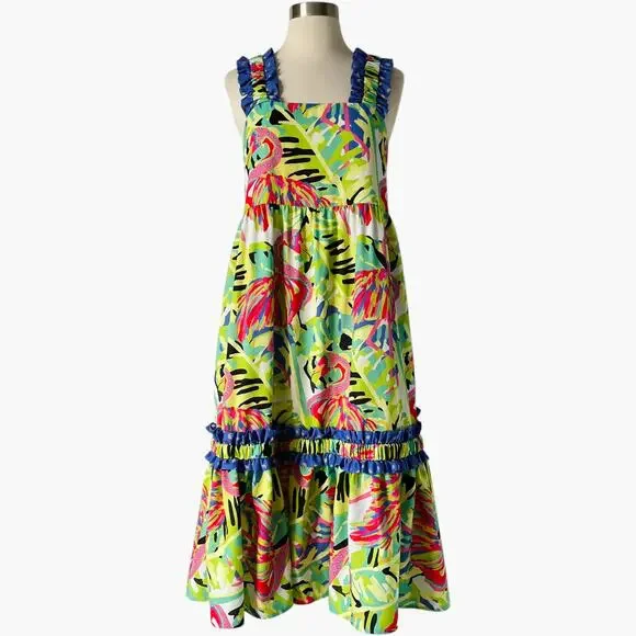 Crosby by Mollie Burch Bowie Dress Size S Green Pink Flamingo Print Resort - Picture 2 of 8